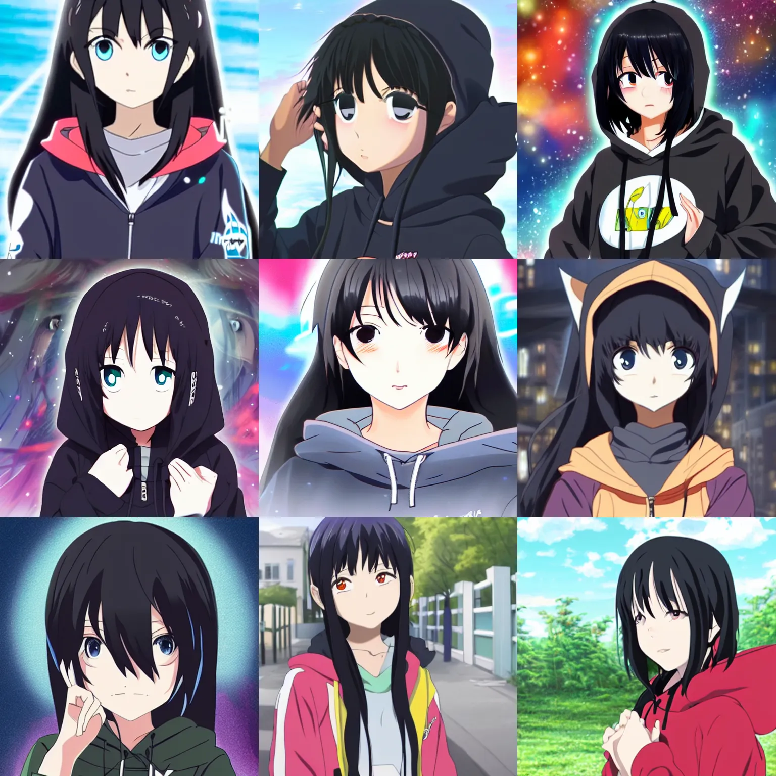 Prompt: black haired girl wearing hoodie, anime key visual