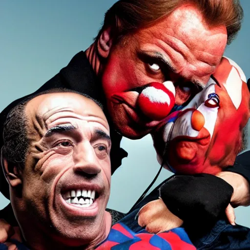 Image similar to UHD candid color photo of Joe Rogan holding Clown Arnold Schwarzenegger in a choke hold, accurate faces, UHD, photorealistic, correct faces, photo by Annie Leibowitz