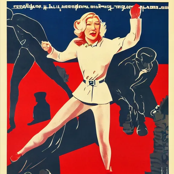 Image similar to soviet propaganda poster with cate blanchett calling on the world community to fight against Nazism, Ultra Detailed, high resolution, soviet realism