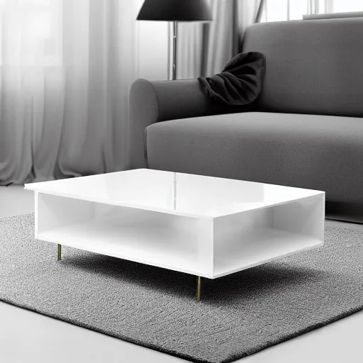 Prompt: white zen clean modern sparse glass coffee table, cool, softly lit, bright, with flower pot