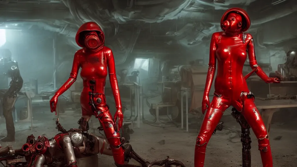 Prompt: big budget scifi movie set with alien brainsuckers in postapocalyptic world sexy female cyborg in red rubber and gas maskwork in science lab