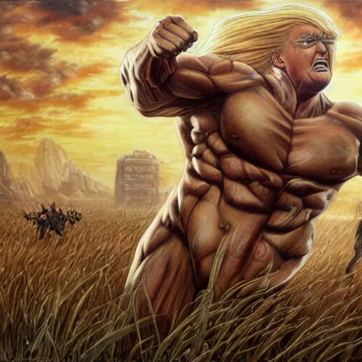 Prompt: detailed wide shot of donald trump as a titan from attack on titan anime intricate in a field running, hyper detailed, realistic, oil painting, by julie bell, frank frazetta, cinematic lighting