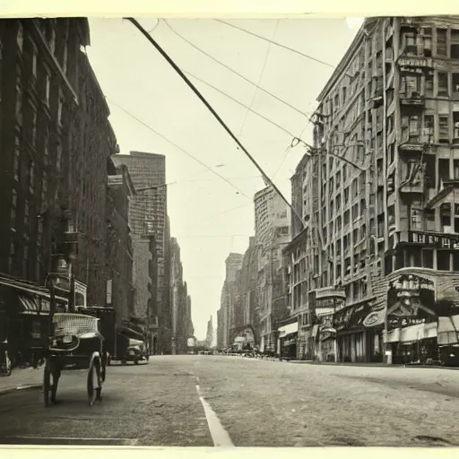 Prompt: new york city street at 1 9 3 0 s. low angle. old photo