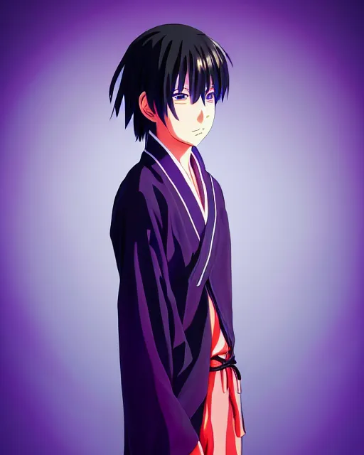 Prompt: anime style, vivid, expressive, full body, 4 k, painting, a young teenager boy with straight indigo hair, purple eyes with red eye markers, slim body, wearing a detailed japanese kimono. stunning, realistic light and shadow effects, centered, simple background, studio ghibly makoto shinkai yuji yamaguchi