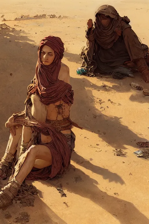 Image similar to a full body portrait of a beautiful post apocalyptic offworld desert bedouin blind barbarian leper laying by the roadside, begging, intricate, elegant, highly detailed, digital painting, artstation, concept art, smooth, sharp focus, illustration, art by krenz cushart and artem demura and alphonse mucha