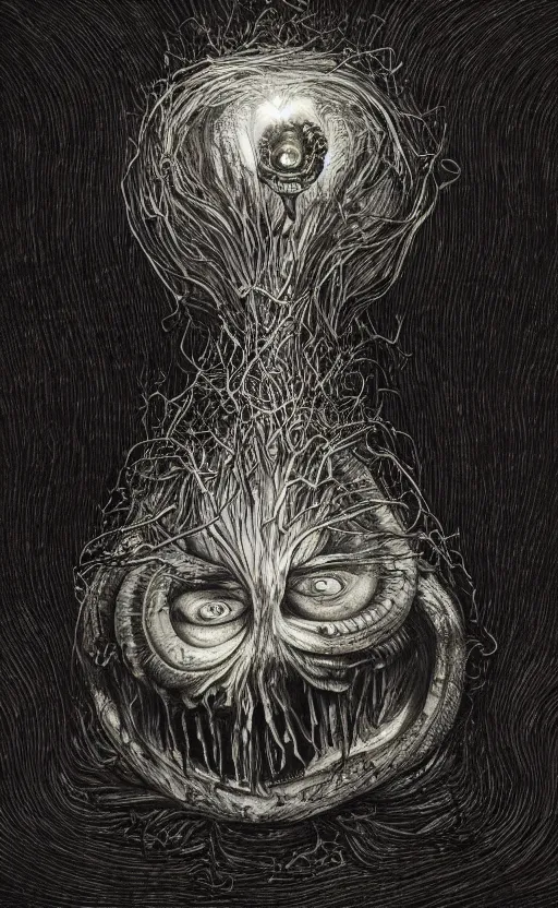 Prompt: portrait of lovecraftian onion with an mouth in the middle of it, surrounded by beams of light dark background by wayne barlow, stanley donwood, anton semenov, zdzislaw bekinski, hr giger, 8 k, fantasy, dark, highly detailed