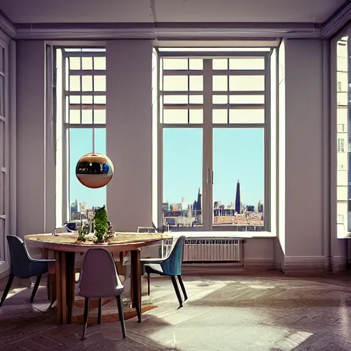 Prompt: apartment in an old Soviet panel building on the top floor, near the window there is a table which is being prepared for dinner, the family is setting the table, outside the window it is evening, a depressing cityscape and a glowing sphere hovering in the sky, realistic rendering, warm dim lighting