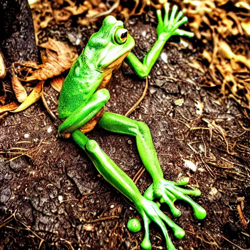 Prompt: human! frog werecreature, photograph captured at woodland creek