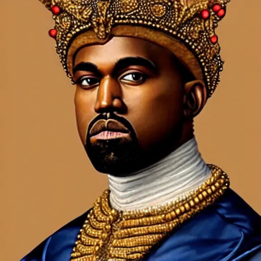 Image similar to a renaissance style portrait painting of kanye west wearing a crown