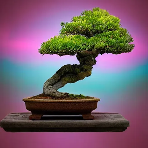 Image similar to A picture of a planet of various flowers, fungus and plants, Bonsai , in which the human figure is dressed in something magical and impressive, inside the picture is infinity, muted light, BotanicalAtmospheric phenomenon, artistic photography, muted colors, conceptual, Kodachrome