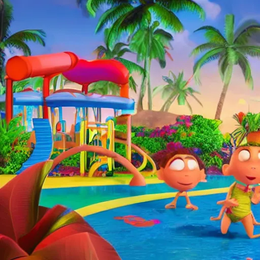 Image similar to Jeffrey Epstein tropical island daycare commercial photoshoot by Pixar and Disney, atmospheric volumetric lighting