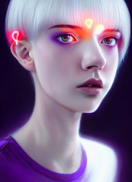 Image similar to hair whitebangs hair, black hair, whitebangs, portrait of teenage girl with white bangs, red irises, purple clothes, white bangs, bangs are different color from hair, intricate, elegant, glowing lights, highly detailed, digital painting, artstation, concept art, smooth, sharp focus, illustration, art by wlop, mars ravelo and greg rutkowski