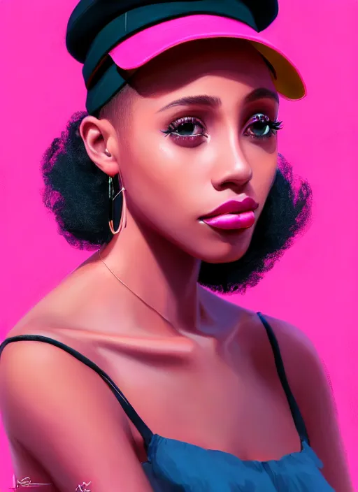 Image similar to portrait of young vanessa morgan with bright pink hair, black girl, vanessa morgan, curly pixie cut hair, wearing newsboy cap, newsboy cap, hoop earrings, intricate, elegant, glowing lights, highly detailed, digital painting, artstation, concept art, smooth, sharp focus, illustration, art by wlop, mars ravelo and greg rutkowski