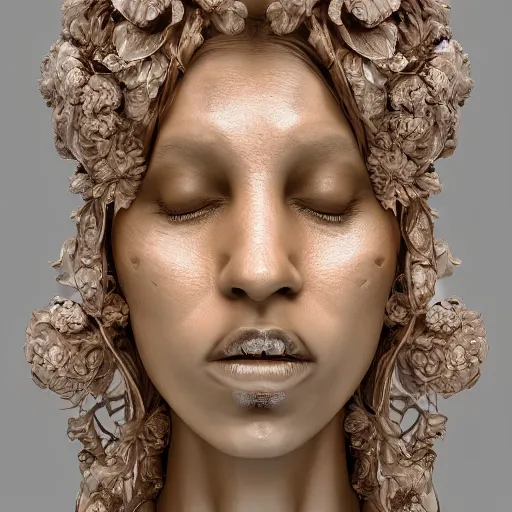 Image similar to beatifull face portrait of a woman, 150 mm, anatomical, flesh, flowers, mandelbrot fractal, facial muscles, veins, arteries, intricate, golden ratio, full frame, microscopic, elegant, highly detailed, ornate, ornament, sculpture, elegant , luxury, beautifully lit, ray trace, unreal, 3d, PBR, in the style of peter Gric , alex grey and Romero Ressendi