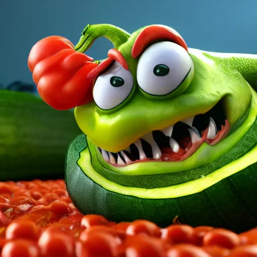 Image similar to detailed 3 d render of an angry zucchini character with a bloody knife in his hand, chasing after a tomato figure scared to death, hyper realistic octane render, dramatic scene, nightmare, surrealism, pixar, disney, cartoon