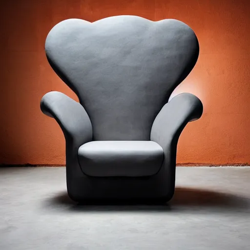 Image similar to an armchair in the shape of an elephant with grey and orange accents designed by antony gormley, advertising photography