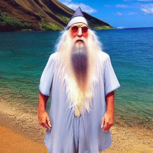 Image similar to instagram vacation photo of dumbledore the wizard wearing his wizard hat and wizard swim trunks at hawaii