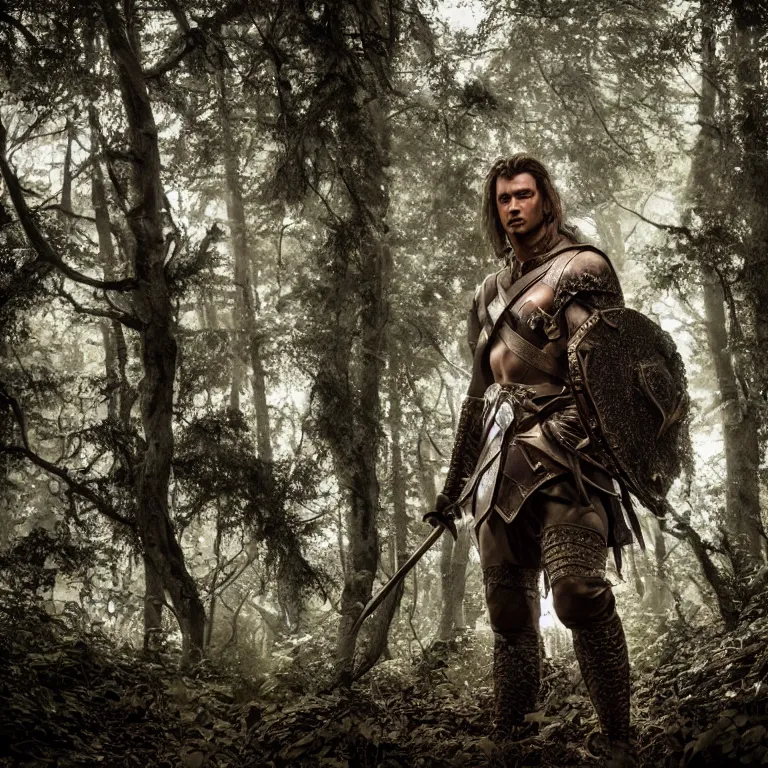 Prompt: 5 5 mm portrait photo of an armored handsome well - built male warrior, in a magical forest in the style of lord of the rings, highly detailed 8 k. intricate. lifelike. soft light. nikon d 8 5 0. cinematic post - processing