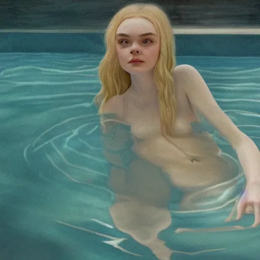 Image similar to Elle Fanning submerged in a pool at night in the world of Edward Hopper, stormy weather, streetlights, extremely detailed masterpiece, oil on canvas, low-key neon lighting, artstation, Blade Runner 2049, Roger Deakin’s cinematography, by J. C. Leyendecker and Peter Paul Rubens,