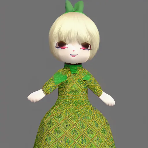 Prompt: cute fumo plush of a girl in a green and gold celtic pattern dress, traditional, vray