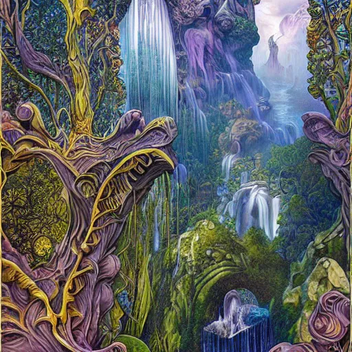 Image similar to waterfall panoramic lush art nouveau rich matte painting weird ornate by alex grey, antoni gaudi, m. c. escher, tomasz alen kopera, arthur adams, moebius, andreas rocha, lisa frank