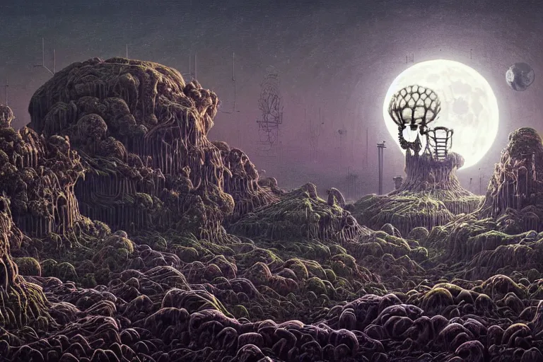 Image similar to a surreal and awe - inspiring science fiction landscape, full moon like skull, intricate, elegant, highly detailed matte painting by ernst haeckel and simon stalenhag