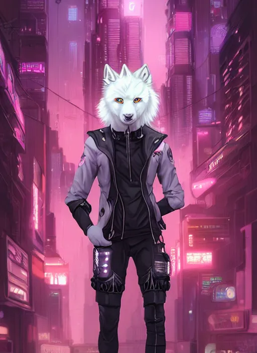 Prompt: award winning beautiful portrait commission of a male furry anthro albino wolf fursona with a tail and a cute beautiful attractive detailed furry face wearing stylish black and pink cyberpunk clothes in a cyberpunk city at night while it rains. Character design by charlie bowater, ross tran, artgerm, and makoto shinkai, detailed, inked, western comic book art