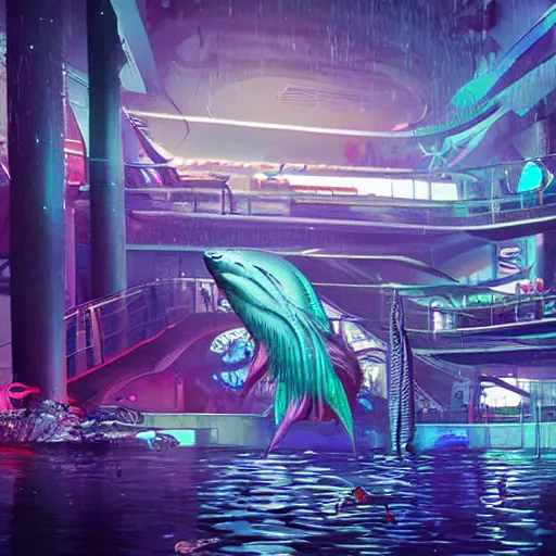 Prompt: underwater cyberpunk night club with large alien fish swimming behind the windows in the background, high detail