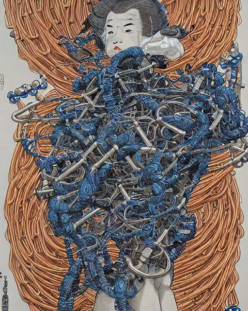 Prompt: Hokusai portrait of a robot saint made of cables and robotic pod by James Jean