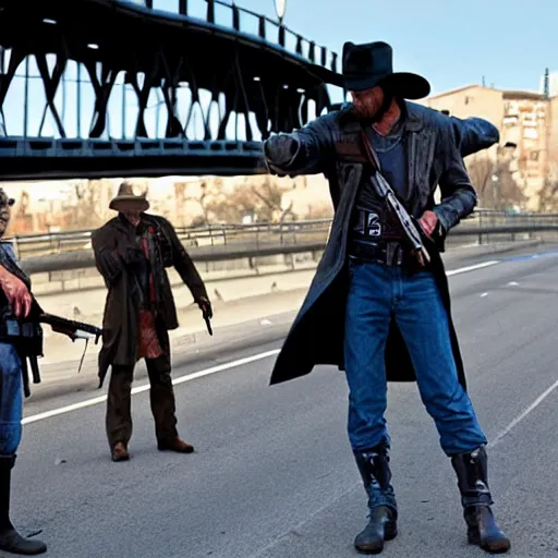 Image similar to duel between cad bane and clint eastwood on the vallecas bridge