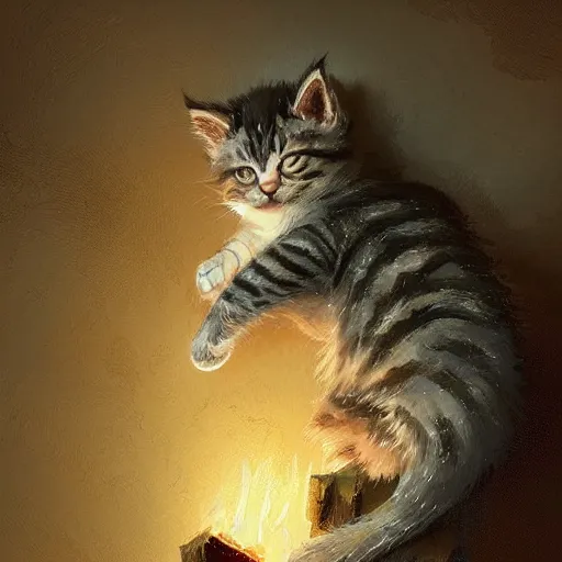 Image similar to A cute kitten sleeping nearby the fireplace, gorgeous, beautiful, intricate, highly detailed, digital painting, artstation, cinematic lighting, concept art, sharp focus, illustration, art by greg rutkowski and alphonse mucha