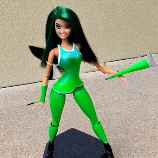 Image similar to league of legends akali as a Barbie doll. Kunai-weilding, green facemask, green outfit. PVC figure 12in.