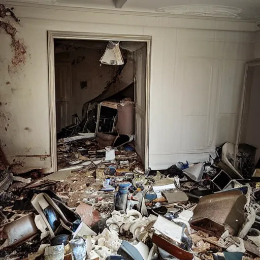 Image similar to 1 9 3 0 s haunting by pegi nicol macleod, by simon birch. a sculpture of a room that is wrecked, furniture overturned, belongings strewn about, & debris everywhere. the only thing left intact is a photograph on the wall shows a tidy, well - appointed space, with everything in its place.