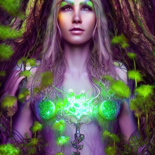 Prompt: Photorealistic elven goddess of the majestic Sprite forest. Hyperdetailed photorealism, 108 megapixels, amazing depth, glowing rich colors, powerful imagery, psychedelic Overtones, 3D finalrender, 3d shading, cinematic lighting, artstation concept art