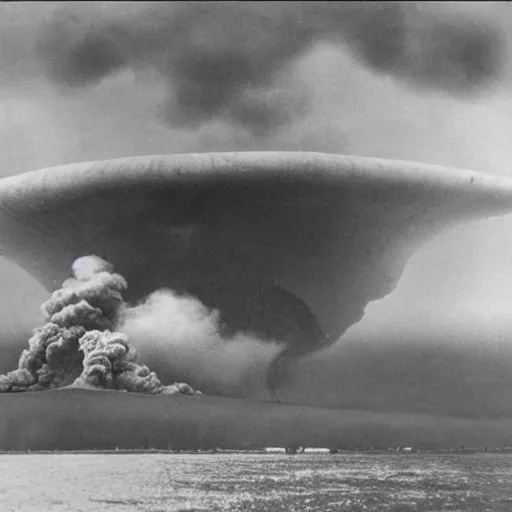Image similar to photo of hundreds of zeppelins clustered around an active volcano on an island