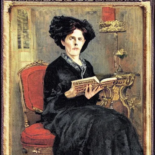 Image similar to scared victorian lady reading a book with an occult symbol on the cover, painted by alfred stevens