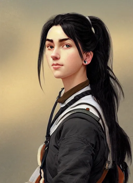 Prompt: Close-up portrait of kind young woman with black hair in a pony tail, with a backpack, slightly dirty face, transparent background, png, highly detailed, digital painting, artstation, concept art, sharp focus, illustration, art by artgerm and greg rutkowski and alphonse mucha