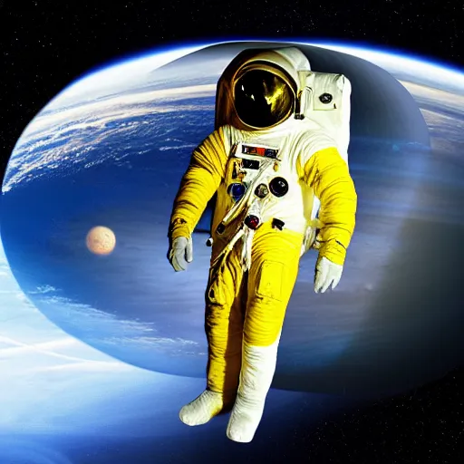 Image similar to astronaut in space, galactic background reflections on suit on one side and a yellow planet on the other side