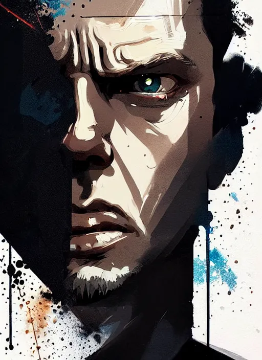 Image similar to highly detailed closeup portrait of angry handsome martin wallstrom, tyrell wellick, wearing suit by atey ghailan, by greg rutkowski, by greg tocchini, by james gilleard, by joe fenton, by kaethe butcher, gradient blue, brown black and white only color scheme, grunge aesthetic!!! ( ( graffiti tag wall background ) )