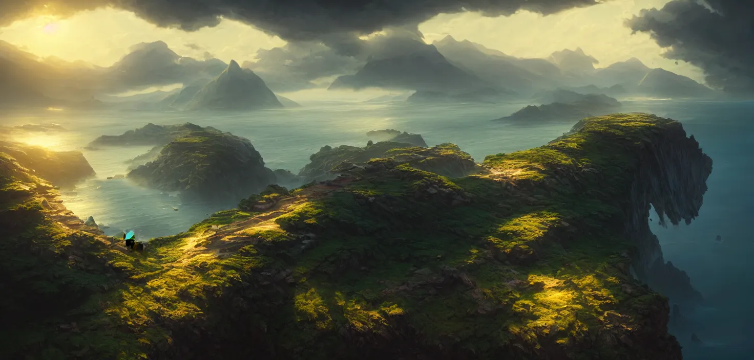 Image similar to nature landscape, aerial view, drone photography, cinematic, mountains and ocean, cinematic view, epic sky, detailed, concept art, high detail, warm lighting, volumetric, godrays, vivid, beautiful, trending on artstation, by jordan grimmer, art greg rutkowski