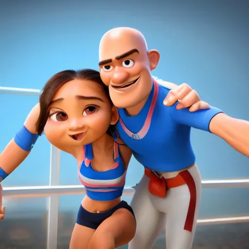 Image similar to young beautiful athletic Filipino woman with long hair standing beside a handsome caucasian athletic thin man with very short buzzed thinning hair, stubble beard on his face, blue eyes, they are posing, depicted as adult Pixar characters, high quality cg render, 4k