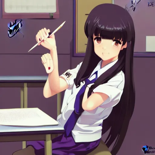 Prompt: a beautiful girl with long dark hair, wearing a school girl uniform, sitting in class at a desk, Japanese style classroom, daytime, sharp focus, intricate, artstation, official media, anime key visual, highly detailed, rich vivid colors, ambient lighting, illustration, art by Artgerm, Makoto Shinkai, Ilya Kuvshinov, Lois Van Baarle, and Rossdraws