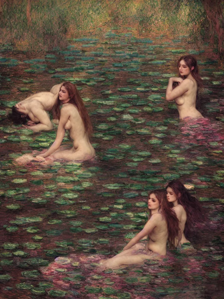 Image similar to illustration studio portrait of three dark beautiful woman bodies mermaids female energy in artistic poses in the river at the forest, monet painterly motives and textures pattern, hyper detailed, octane render, vivid colors, artstation, by jeremy mann, by alphonse mucha, by monet