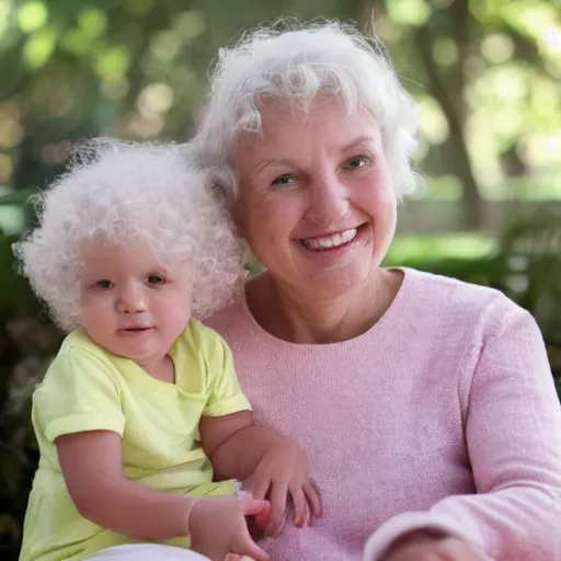 Prompt: white elderly granny sitting next to her white 3 year old baby granddaughter