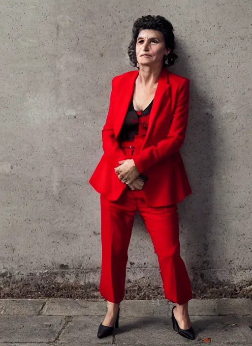 Image similar to portrait of beautiful 40-years-old Italian woman, wearing a red outfit, well-groomed model, candid street portrait in the style of Martin Schoeller award winning, Sony a7R