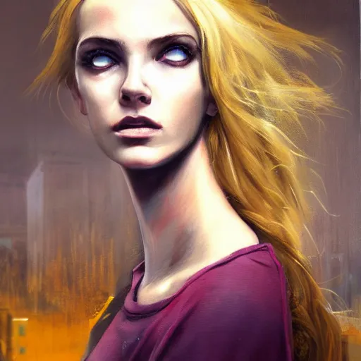 Image similar to oil painting of jinx with golden blonde hair, standing in abandoned building, in style of charlie bowater, detailed face,