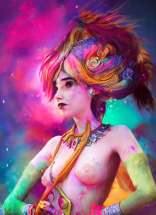 Prompt: An epic fantasy comic book style full body portrait painting of a very beautiful vibrant holi nebulapunk girl, by Pixar and Hayao Miyazaki, unreal 5, DAZ, hyperrealistic, octane render, cosplay, RPG portrait, dynamic lighting, intricate detail, summer vibrancy, cinematic