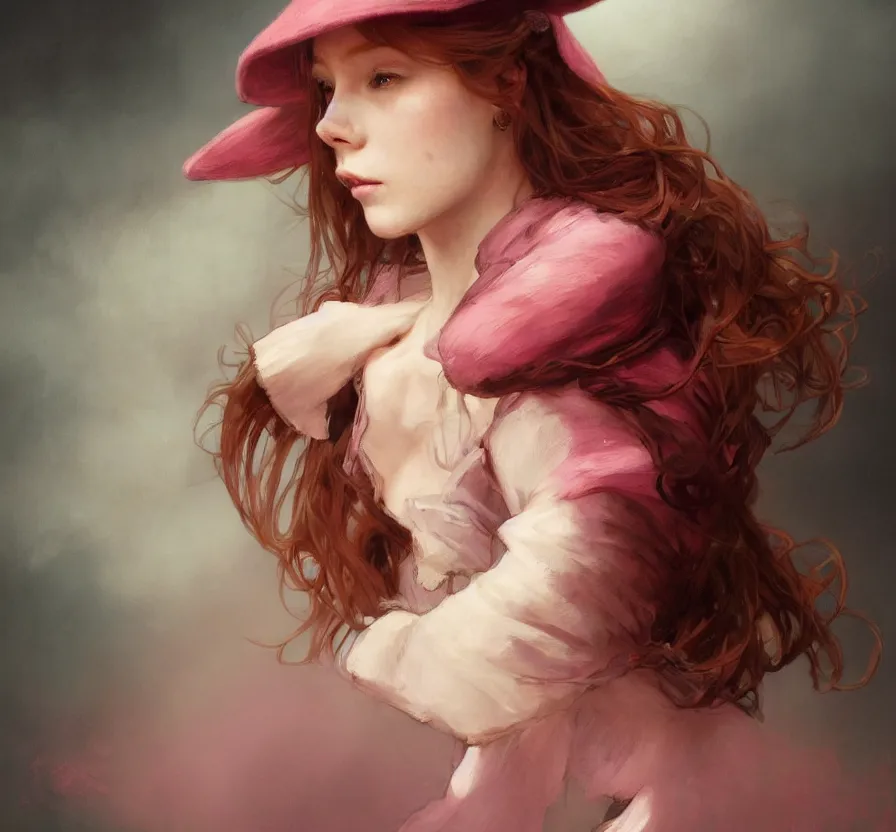 Prompt: realistic, portrait, centered, dramatic, fantasy, render of a redhead young girl, with a pink wool street hat on her head, by wlop, artgerm, greg rutkowski, alphonse mucha, beautiful dynamic, dramatic, dark, moody lighting, shadows, cinematic atmosphere, artstation, concept design art, octane render, 8 k