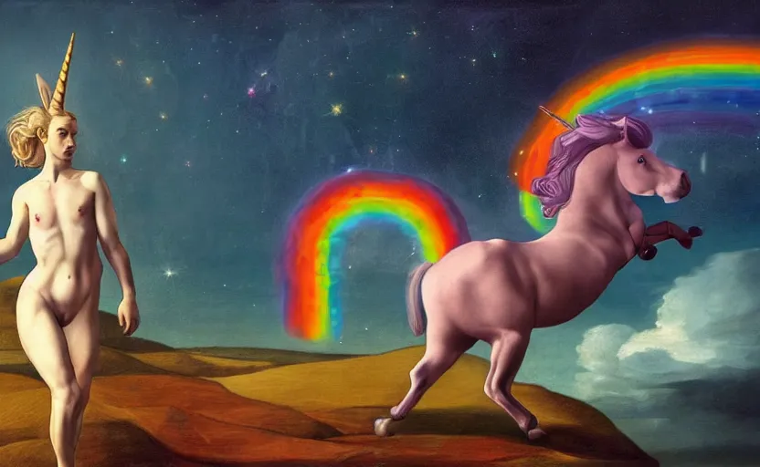 Image similar to a lonely unicorn walking on a rainbow in the universe in the style of Caravaggio, digital art, high quality, highly detailed, high coherence, anatomically correct, Caravaggio, concept art, marterpiece