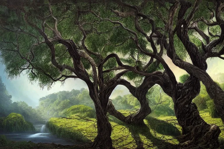 Image similar to masterpiece painting of the old man willow ebony tree of life on a hillside overlooking a creek | dramatic lighting | malign tree - spirit of great age | hyperrealism concept art of highly detailed by andreas franke